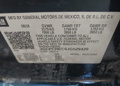 2018 Chevrolet Silverado 1500 1Lt z USA, uszkodzony, nr VIN 3GCPCREC6JG529429